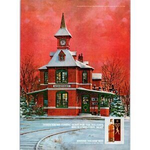 1981 Johnnie Walker Red Scotch Vintage Print Ad Christmas Train Station Wall Art